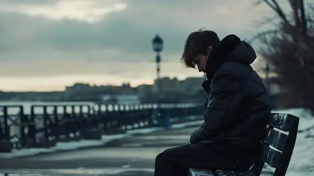 A young man sitting alone on a bench by a waterfront on a cold day, who is dealing with isolation and emotional struggle—key issues often addressed through cannabis counselling.